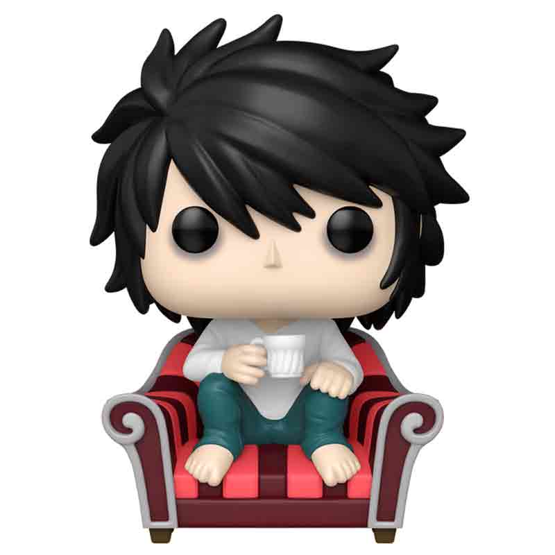 Foto de Funko L on couch - Anime Death Note Funko Pop 2381 DeathNote detective L hideki Ryuzaki Lawliet libreta de la muerte ryuk con taza de cafe en mueble - PREVENTA